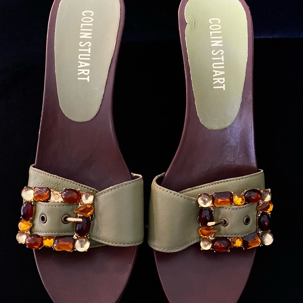Colin Stuart Kitten Heels Khaki Green and Jeweled Buckle